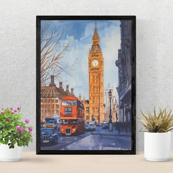 London's Iconic Big Ben and Double Decker Bus Painting - Downloadable Poster Art for Home, Office, Restaurant, Bar - Stylish Digital Print