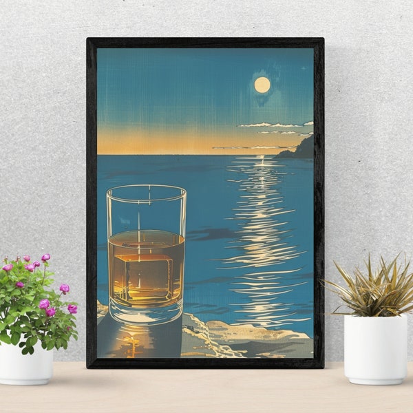 Japanese Woodblock Whiskey on the Rocks Poster - Traditional Style Downloadable Nighttime Art for Home, Office, Restaurant, Bar