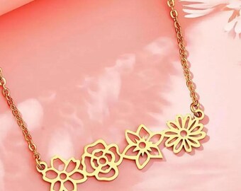 Personalized Birth Flower Necklace for Mom, Dainty Family Flower Necklace, Custom Horizontal Pendant, Mother's Day Gift