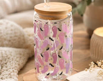 Halloween Ghost Glass Tumbler, 16oz Iced Coffee Cup