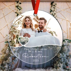Personalized Photo Christmas Ornament – First Christmas Married Gift – Custom Couples Keepsake