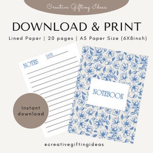 Può includere: Un download digitale con un foglio di carta a righe e un taccuino. Il taccuino ha un motivo floreale blu e la parola "NOTEBOOK" sulla copertina. La carta a righe riporta le parole "NOTES" e "DATE". Formato carta A5 (15,24 x 20,32 cm).
