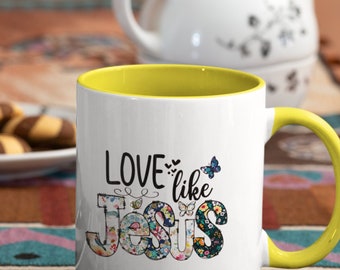 love like Jesus, 2 farbige Tasse, gute Laune am Morgen, fröhliches Design, Lieblingstasse, Freude schenken, christlicher Glaube