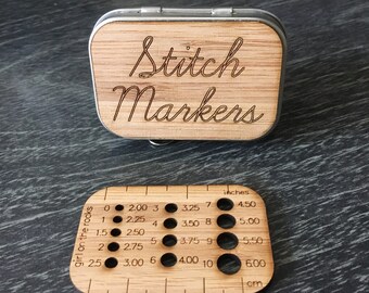 Stitch marker box with needle gauge - knitting tin - gift for knitter