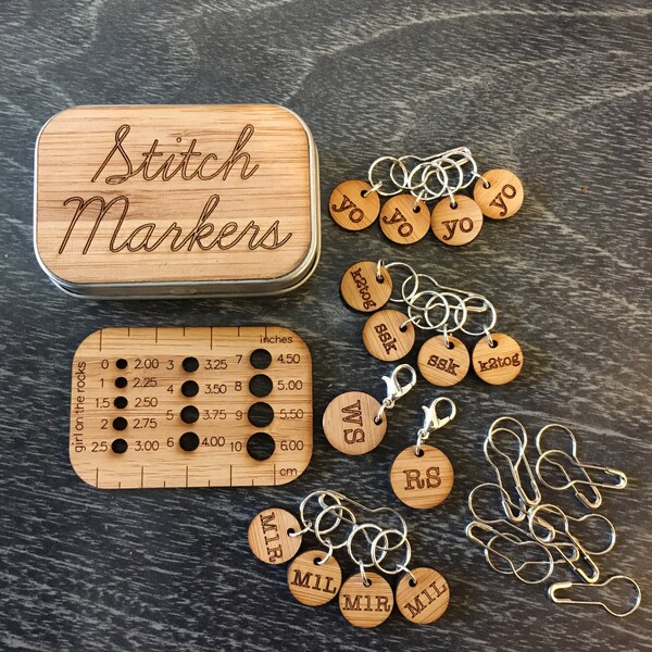 Knitter's notion bundle: Stitch markers, box, needle gauge