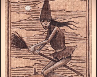 La Befana strega dipinto originale, inquietante carino Wicca Halloween arte originale, Hammer Horror Amicus Fan Art, Folk Horror Revival OOAK opera d'arte