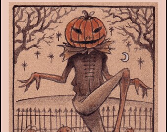 Dipinto originale di Pumpkin Jack Folklore, Testa di zucca Halloween Arte originale, Hammer Horror Pumpkin Patch, Folk Horror Revival OOAK Artwork