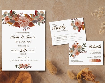 Rustic Autumn Wedding Invitation Set, Floral Canva Template