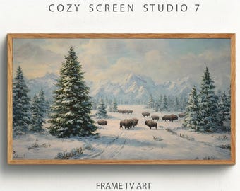 Roaming Buffalo Frame Tv Art | Vintage Winter Landscape Painting (Digital Download)