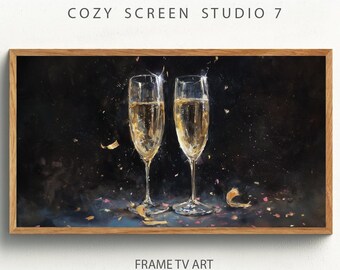 Cornice per bicchieri da champagne di Capodanno, arte televisiva / dipinto di Capodanno scuro (download digitale)