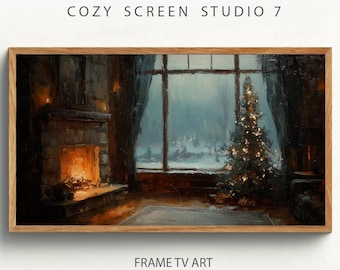 Cornice per camino con albero di Natale, arte per la TV / Dipinto vintage per le vacanze (download digitale)