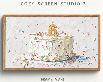 Cornice per il 6° compleanno con immagine di una TV / Torta di buon compleanno 6 anni, pittura a impasto (download digitale)