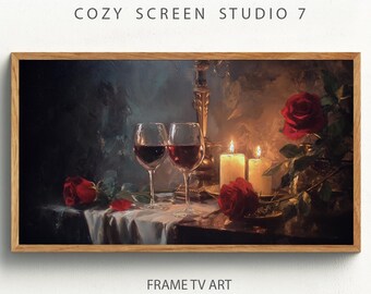 Natura morta con vino a lume di candela, cornice TV Art / Dipinto malinconico per San Valentino (download digitale)