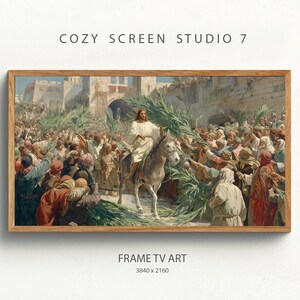 May include: A framed print of a historical painting depicting a religious scene. The artwork shows a figure on a donkey surrounded by a crowd of people. The text "COZY SCREEN STUDIO 7" and "FRAME TV ART" are visible.