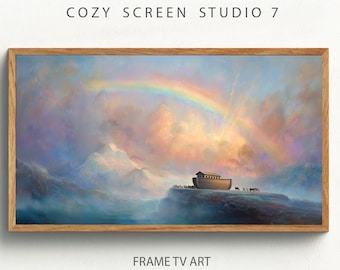 L'Arca di Noè sul Monte Ararat con cornice arcobaleno TV Art / Dipinto biblico ispiratore (download digitale)