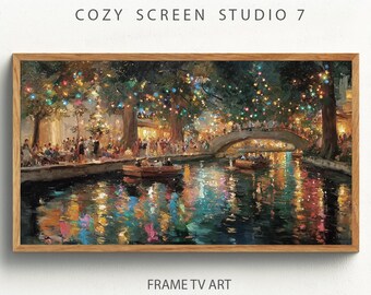 San Antonio Riverwalk a Natale Frame Tv Art / Dipinto natalizio in stile Texas (download digitale)