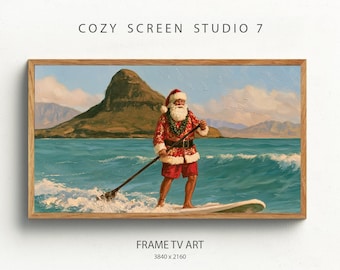 Quadro con Babbo Natale in paddleboard / Dipinto festivo con cane (Download digitale)