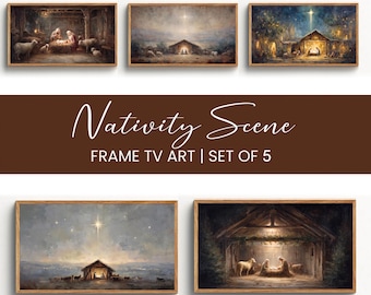 May include: Set of five framed art prints depicting nativity scenes. Each print features a different artistic interpretation of the biblical story, with warm colors and detailed imagery. The text "Nativity Scene" and "FRAME TV ART | SET OF 5" is displayed.