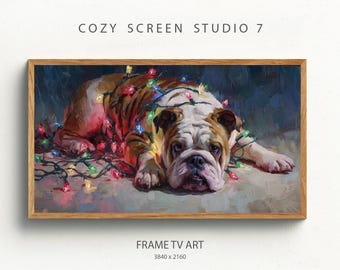 Cornice natalizia con bulldog e TV art / Dipinto di cane per le feste (download digitale)