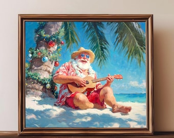 Babbo Natale che suona l'ukulele, stampabile su parete / dipinto natalizio hawaiano (download digitale)