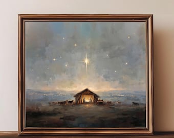 Quadro da parete stampabile con scena della Natività stellata / Dipinto impressionista natalizio vintage (download digitale)