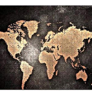 Mappa del mondo marrone su sfondo nero puzzle da 1000 pezzi MDF (legno)