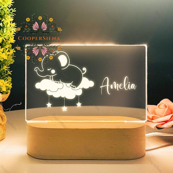 Personalised Elephant Night Light, Baby Gift, Custom Name Nursery Night Light, Baby Elephant Cloud Night Light, Elephant Night Light