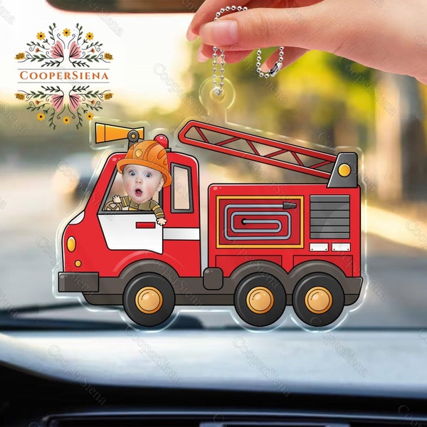 Custom Face Fire Truck Ornament, Safe Travels Daddy Ornament, Personalized Photo Keepsake, New Father Gift, New Mother Gift, Car Ornament