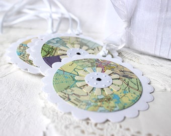 Map Image Gift Tags, Gift Tags Set of 6, Embellished PaperTags