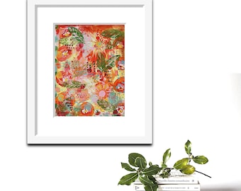May include: Abstract painting with a colorful floral design. The painting features a variety of colors, including red, orange, yellow, green, and blue. The flowers are stylized and have a whimsical feel. The painting is framed in a white frame.