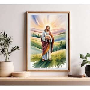 Jesus Leaves the 99, Jesus Holding Lamb Watercolor Print, The Good Shepherd Christian Art, Faith-Based Digital Download, Inspirational Decor