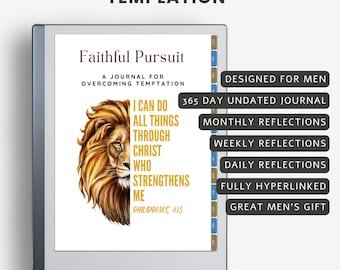 Puede incluir: Un diario digital titulado "Faithful Pursuit" con una ilustración de un león. El diario está diseñado para ayudar a superar la tentación e incluye reflexiones diarias, semanales y mensuales. El texto del diario dice "Todo lo puedo en Cristo que me fortalece."