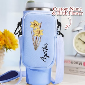 Personalized Stanley Tumbler Bag Carrier – 40 oz Crossbody with Name & Birth Flower – Custom Stanley Cup Holder Gift