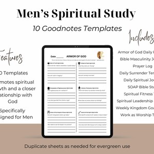 May include: A digital tablet displaying a spiritual study template. The text reads "Men's Spiritual Study" and "10 Goodnotes Templates." Features include 10 templates, promoting spiritual growth, and designed for men. Includes various planners and journals.