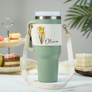 Personalized Stanley 40oz Tumbler Carrier with Birth Flower – Custom Name Water Bottle Holder – Adjustable Strap – Gift for Her