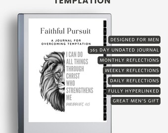 Puede incluir: Un diario digital titulado "Faithful Pursuit" con una ilustración de un león. El diario está diseñado para hombres e incluye reflexiones diarias, semanales y mensuales. Es un diario sin fecha de 365 días con hipervínculos. El texto dice "Todo lo puedo en Cristo que me fortalece."