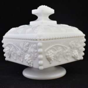 Vintage Westmoreland Milk Glass Paneled Grape Beaded Honey Dish