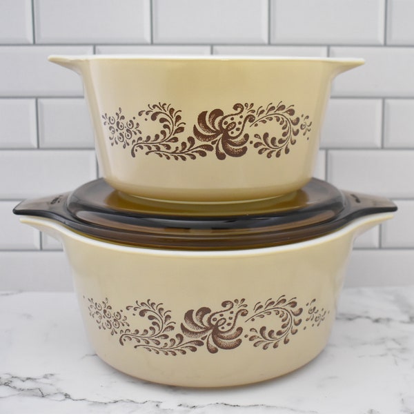 Pair of Pyrex Homestead Brown Cinderella Style Baking Dishes - 473-B and 474-B