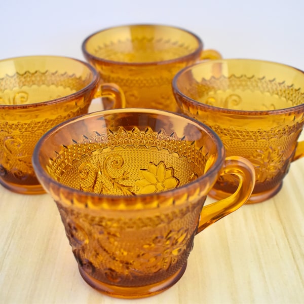 Set of 4 Footed Cups - Indiana Glass Sandwich Pattern - Amber - Honey Gold