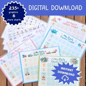 May include: A collection of colorful chore charts with various themes, including dinosaurs, unicorns, and jungle animals. The charts are labeled "My Daily Chore Chart" and include check boxes for completing tasks. The image also includes the text "DIGITAL DOWNLOAD".