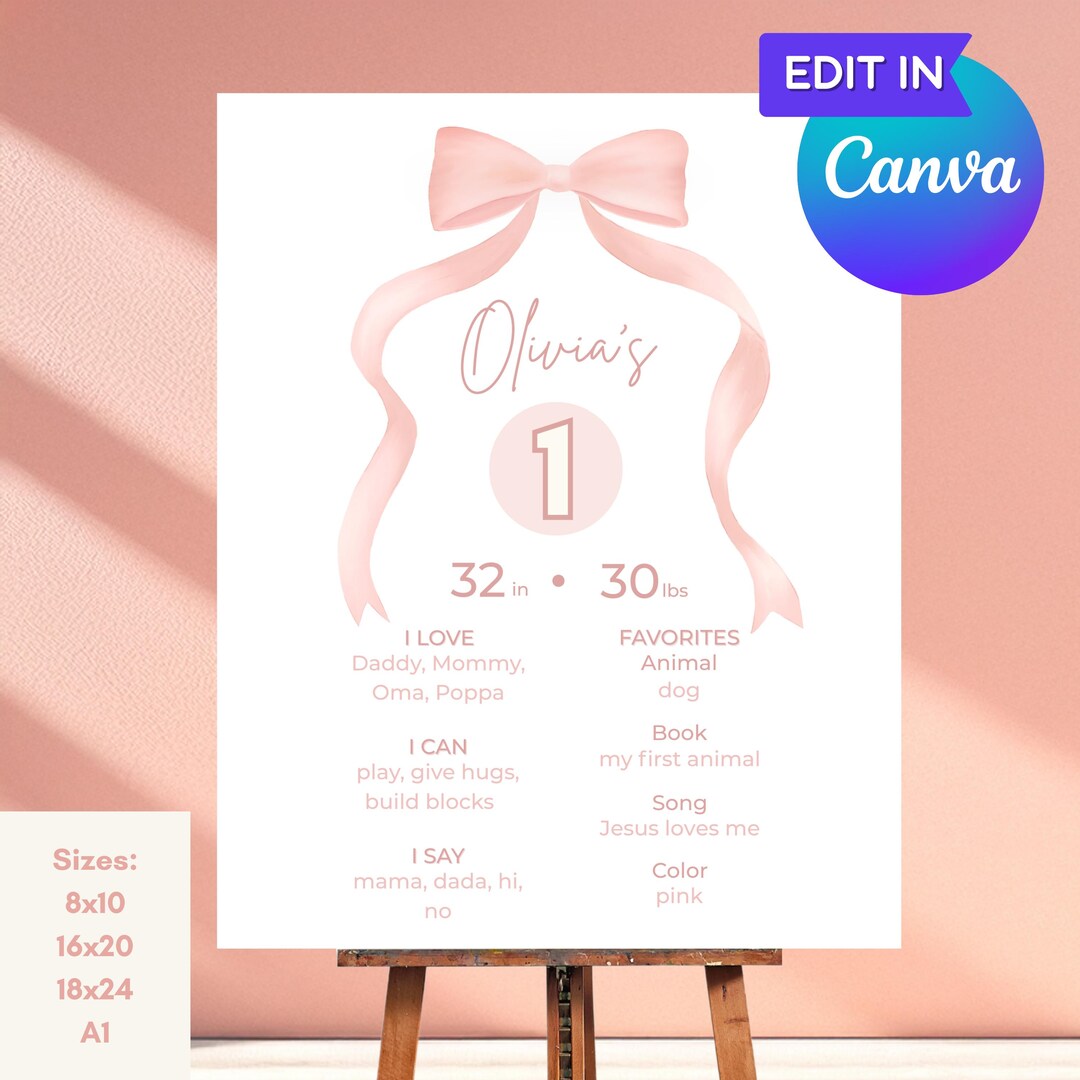 Editable Bow Coquette Birthday Milestone Sign, Pink Girl Party Poster ...