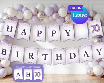 May include: A banner that reads "HAPPY BIRTHDAY" with the number "70" in a purple and white color scheme. The banner is strung in front of a balloon arch with white, silver, and purple balloons. The words "Edit in Canva" are in the top right corner.