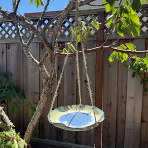 Blue & Green Hanging Ceramic Bird Feeder: Rustic Pottery Garden Decor