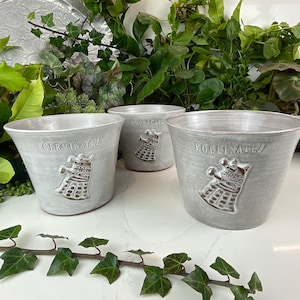May include: Three white ceramic plant pots with a gray glaze and embossed designs. The pots are labeled "GERMINATE!", "PROPAGATE!" and "POLLINATE!" Each pot features a stylized robot design.