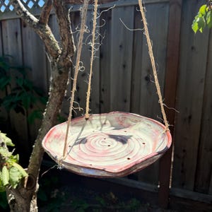 Pink Hanging Ceramic Bird Feeder: Rustic Pottery Garden Decor