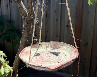 Pink Hanging Ceramic Bird Feeder: Rustic Pottery Garden Decor
