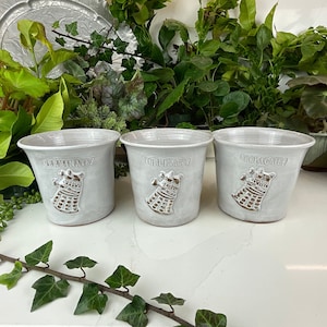 Puede incluir: Tres macetas de cerámica blanca con texto marrón e ilustraciones. Las macetas están etiquetadas como "GERMINATE!" "POLLINATE!" y "PROPAGATE!" Cada maceta presenta una ilustración estilizada de un robot.