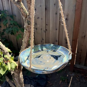 Blue & Green Hanging Ceramic Bird Feeder: Rustic Pottery Garden Decor