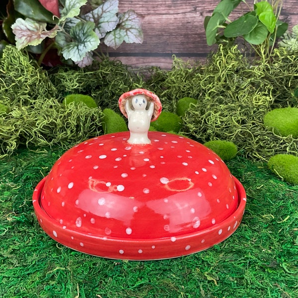 Cute Mushroom Butter Dish Cheese Dome with Happy Mushroom Guardian