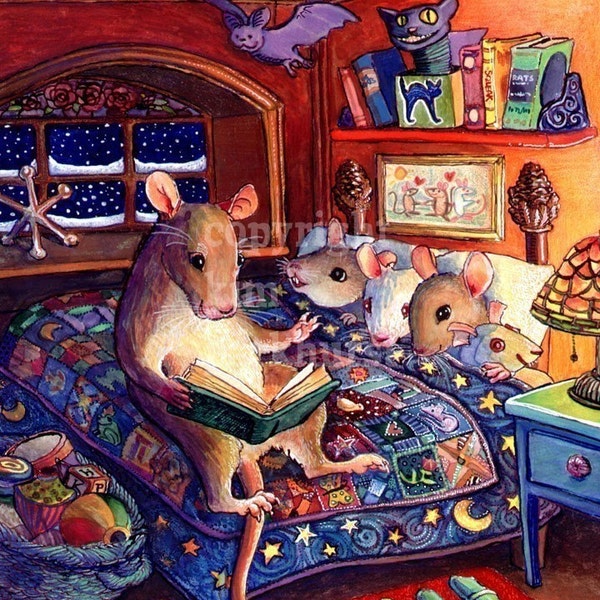 Bedtime Rat Mouse Mice Sweet Illustration Signed Print